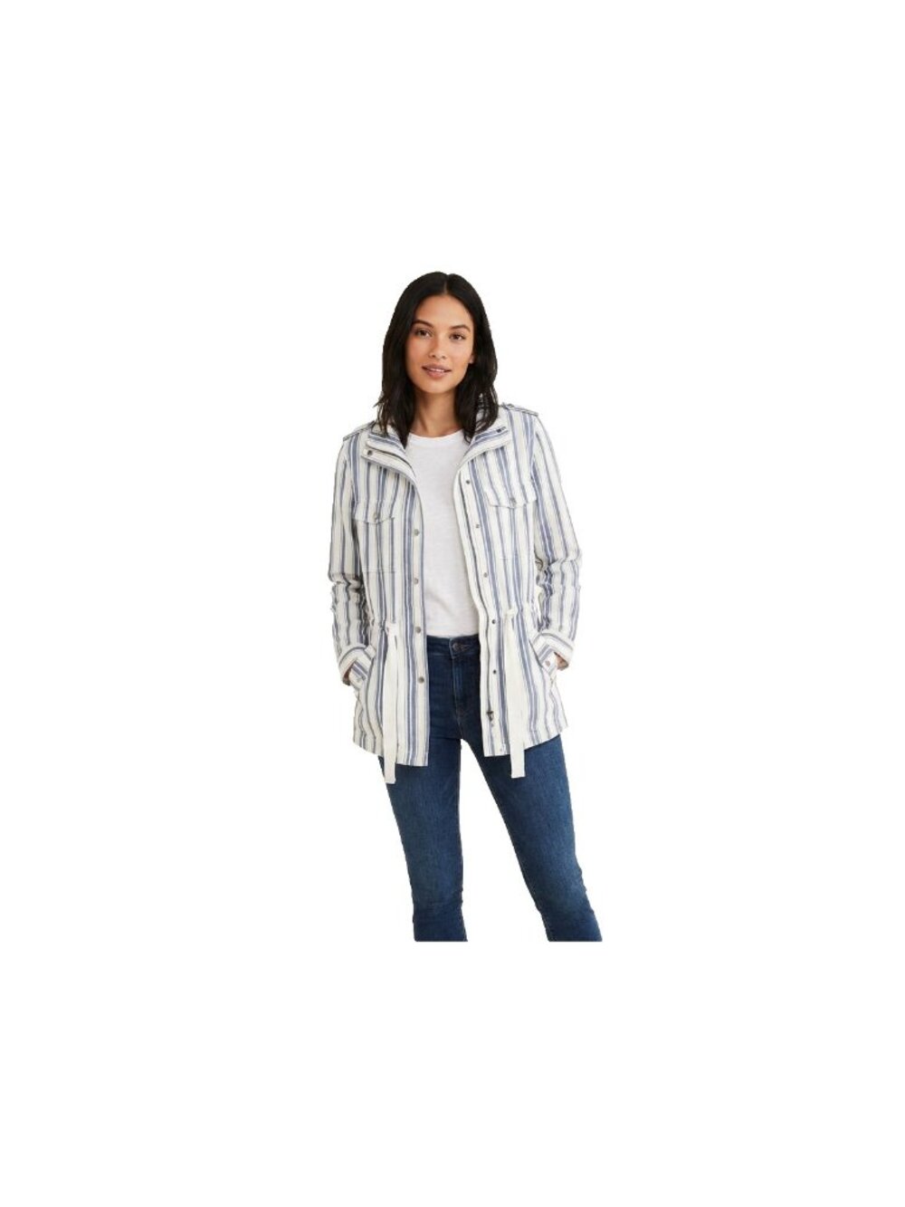 Loft Sz M Striped Jacket Blue White Military Utility Snap Front Womens